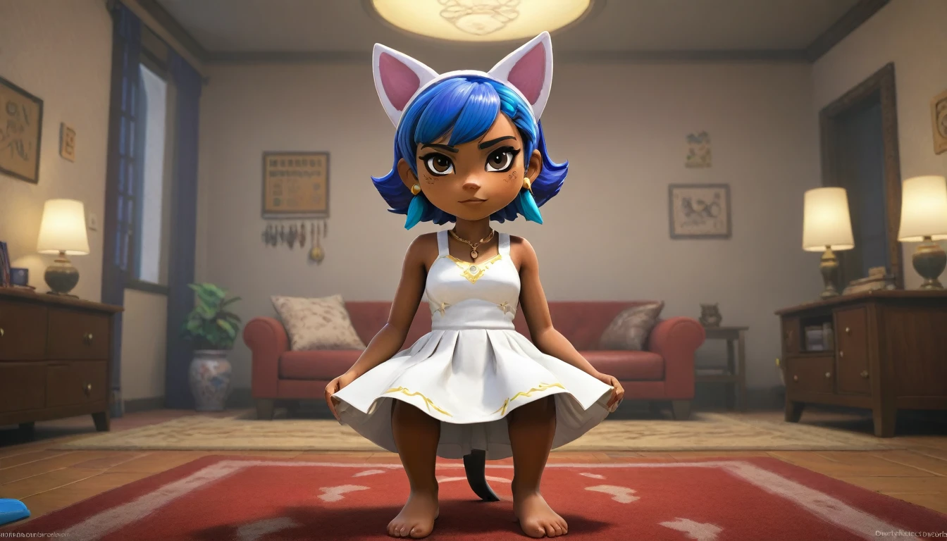 Eye, Animal Crossing Muscle, hairy, Blue Hair, Hair accessories, Yellow skin, 黑Eye, White Dress, Tail, Looking at the audience, Serious, Cross your legs, from_below, His sofa, Inside the living room, Hieroglyphics, high quality, masterpiece, 1 Girl，Cat ears，Dark skin tone，clothing，earrings，Jackal ears，Jewelry，Long hair, White Dress, Sit at your desk, She wrote a heartfelt letter, Her expression is both nostalgic and wistful, Dramatic Lighting, Detailed background, masterpiece, best quality, high quality, absurd, The award-winning, professional, Very detailed