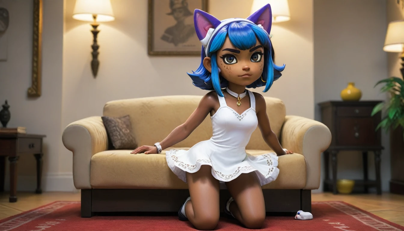 Eye, Animal Crossing Muscle, hairy, Blue Hair, Hair accessories, Yellow skin, 黑Eye, White Dress, Tail, Looking at the audience, Serious, Cross your legs, from_below, His sofa, Inside the living room, Hieroglyphics, high quality, masterpiece, 1 Girl，Cat ears，Dark skin tone，clothing，earrings，Jackal ears，Jewelry，Long hair, White Dress, Sit at your desk, She wrote a heartfelt letter, Her expression is both nostalgic and wistful, Dramatic Lighting, Detailed background, masterpiece, best quality, high quality, absurd, The award-winning, professional, Very detailed