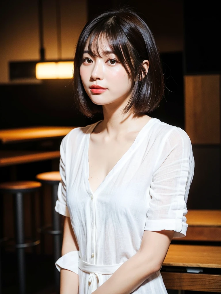 ((8K:1.27)、Highest quality、masterpiece、Ultra-high resolution:1.2)Beautiful Chinese women photos(Comfortable:1.1) (shirt:1.21) grace、good、Gradient lighting、One Girl、Delicate skin、Look at this、Brown eyes、(Short hair with bangs:1.2)、(Medium Chest:1.0)、(middle breast wheel:0.8)、(Realistic:1.4)、(Highest quality:1.0)、(Ultra-high resolution:1.0)、8K、Raw photo、(masterpiece:0.2)、(Purelos Face_v1:0.5)、 White linen clothes、No sleeve、Kamimei、Excited expression、Red cheeks、What can I do for you?、Staring at this、Cafe、Table seating、Being drunk、theme、Looking down from above、Tilt、、Already watched、coffee、