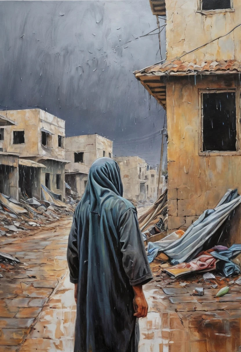 cpchann impressive scene of a small Palestinian in tears in the Gaza Strip, looking at the rain from the bombed street of a house dressed in rags, Relief, Oil Painting, Thin and smooth lines, Long stroke, Light and delicate shades, Contour sharpening.