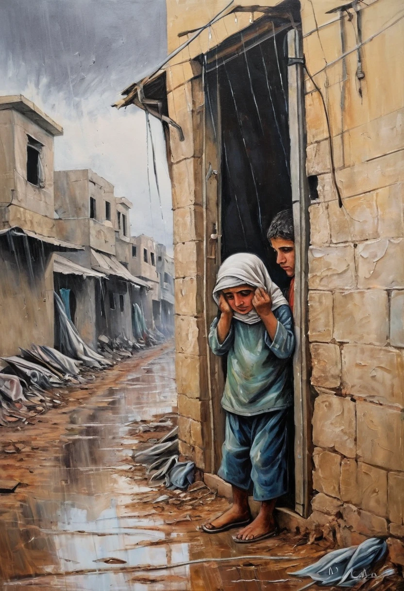 cpchann impressive scene of a small Palestinian  in tears in the Gaza Strip, looking at the rain from the bombed street of a house dressed in rags, Relief, Oil Painting, Thin and smooth lines, Long stroke, Light and delicate shades, Contour sharpening.