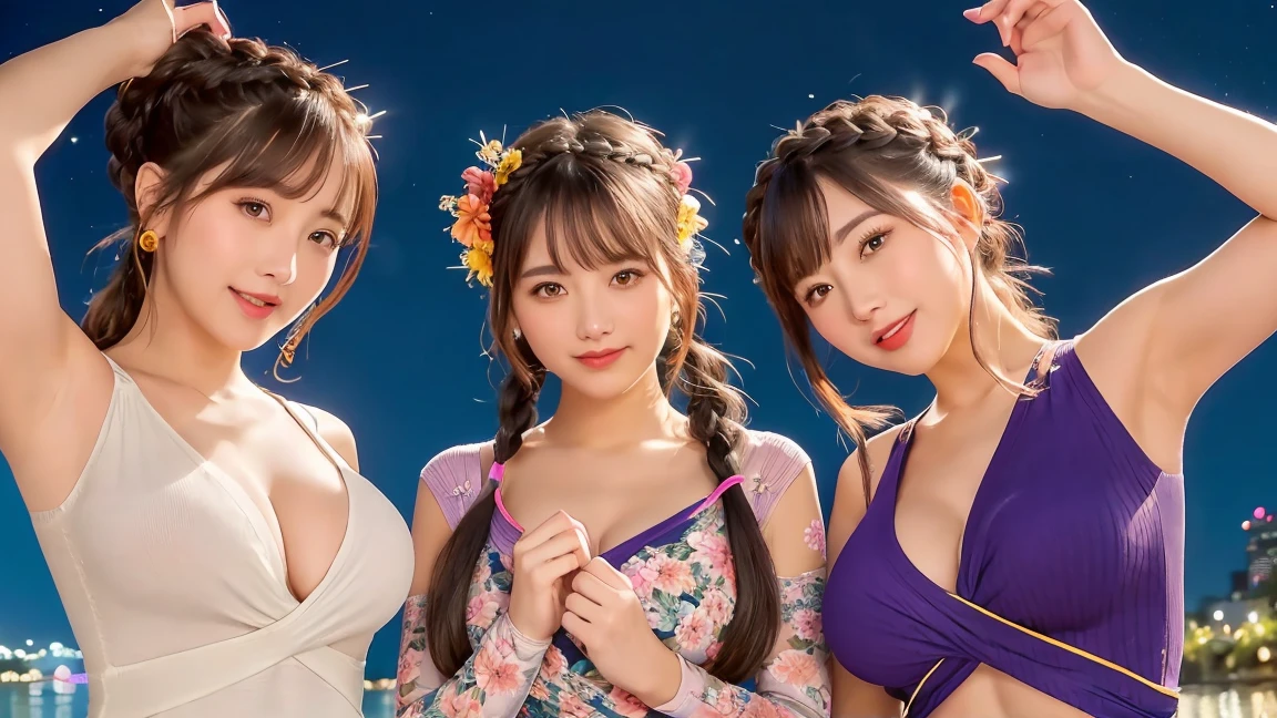 (3 girls),(Beautiful mature woman),(Flower Hair Ornaments,The top knot is woven with a floral pattern.,Side twisted ponytail,Floral braided headband,half up、Braided Space Bread with Flower Pattern,Braid a large fishtail.,twist pan,),(Bangs are bangs that are see-through.),Very delicate and beautiful hair,big breasts,(((Emphasize the chest:1.3))),(Dynamic angle),(Dynamic and sexy poses),laughter、,((( tight knit dress:1.3)))、Fireworks are launched into the sky against the backdrop of a riverbank at night..、cute round face,,(table top,Highest quality,Ultra high resolution output images,) ,(8k quality,),(Sea art mode 2.1),(Picture mode: Ultra HD,)