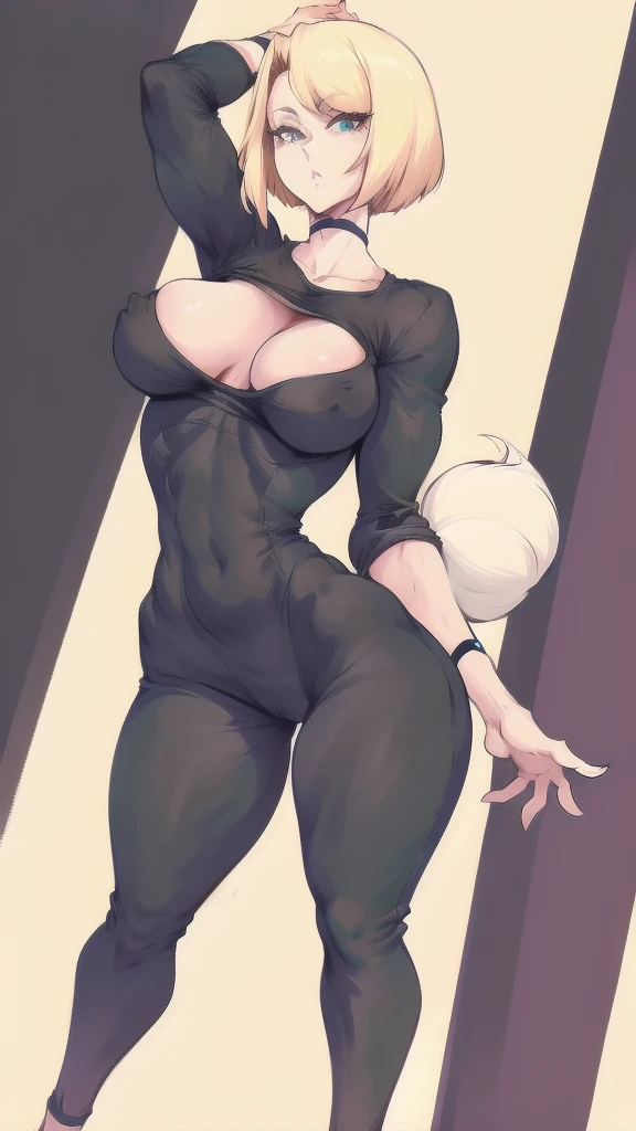 Full body image of Susan Murphy from Monsters vs. Aliens, full body in image, wearing her original outfit (black jumpsuit with white stripes), short blonde hair, female body, slender and athletic body, dynamic pose, detailed pose, simple background, expressive face showing determination, focus on face, line art, sketch