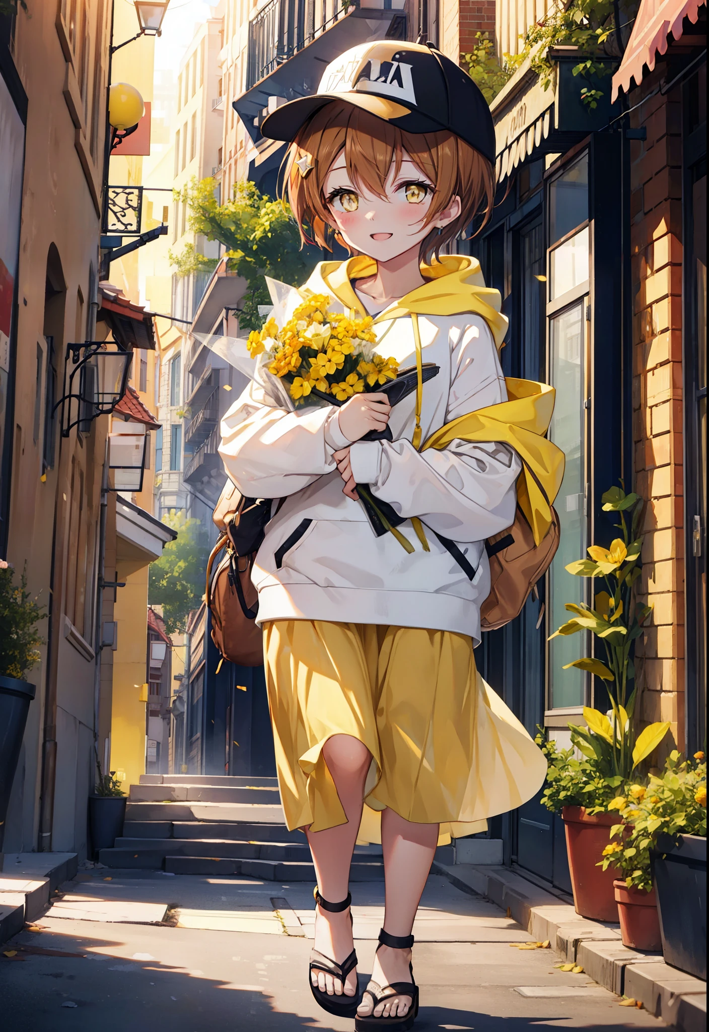 Rin Hoshizora (Yellow Eyes:1.5), Hair between the eyes, Brown Hair,Short Hair,blush,happy smile, smile, Open your mouth,Baseball hats,Oversized sleeveless hoodie,Long skirt,Cute Sandals,Daytime,Clear skies,Walking,whole bodyがイラストに入るように, break looking at viewer, whole body break outdoors, Building district, break (masterpiece:1.2), Highest quality, High resolution, unity 8k wallpaper, (figure:0.8), (Beautiful attention to detail:1.6), Highly detailed face, Perfect lighting, Highly detailed CG, (Perfect hands, Perfect Anatomy),