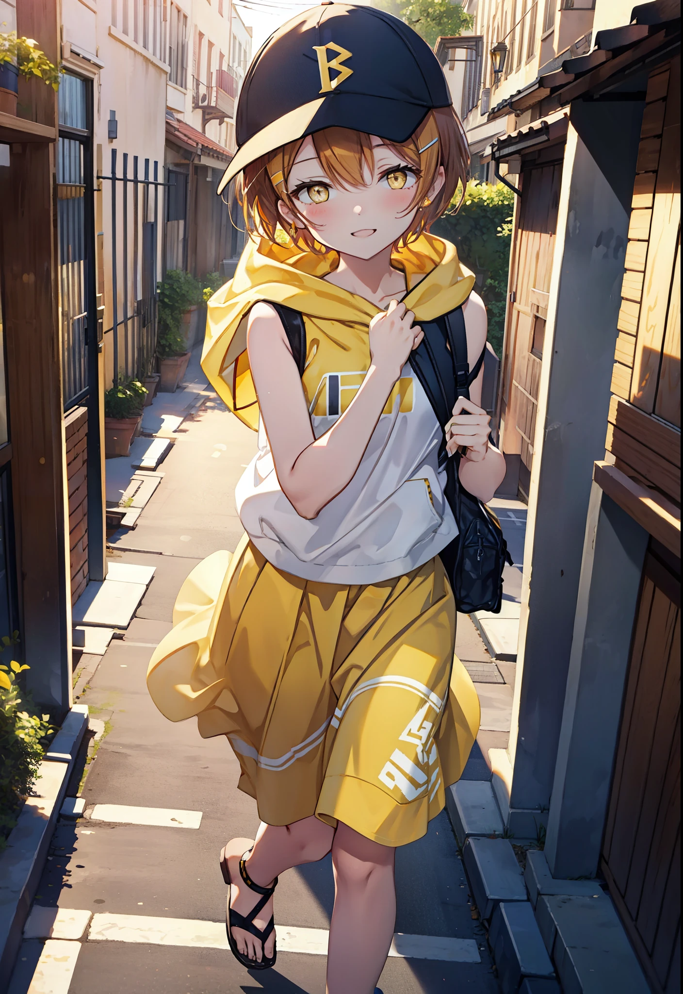 Rin Hoshizora (Yellow Eyes:1.5), Hair between the eyes, Brown Hair,Short Hair,blush,happy smile, smile, Open your mouth,Baseball hats,Oversized sleeveless hoodie,Long skirt,Cute Sandals,Daytime,Clear skies,Walking,whole bodyがイラストに入るように, 　　　　　　　　　　　break looking at viewer, whole body 　　　　　　　　break outdoors, Building district, 　　　　　　　　　　　break (masterpiece:1.2), Highest quality, High resolution, unity 8k wallpaper, (figure:0.8), (Beautiful attention to detail:1.6), Highly detailed face, Perfect lighting, Highly detailed CG, (Perfect hands, Perfect Anatomy),