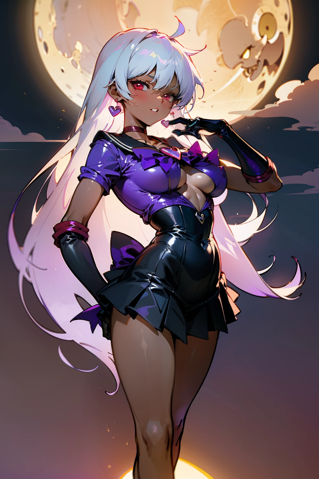 (Masterpiece), Best Quality, ultra-detailed, 1girl (SMMars, Slender and sexy body, lovely breasts, dark skin, snake skin, white hair,very long hair, red eyes(snake eyes), half-closed eyes), evil face, smirk, parted lips, solo, facing viewer, looking at viewer, black latex leotard, cleavage, purple bowtie, heart, purple heart jam, purple pleats skirt,heart, heart brooch,jewelry,purple bow, purple choker, purple gemstone, purple sailor collar, shirt, short sleeves, ultra mini skirt, elbow gloves, full moon, outdoor, fog, standing, Sexy waist teasing, a provocative pose