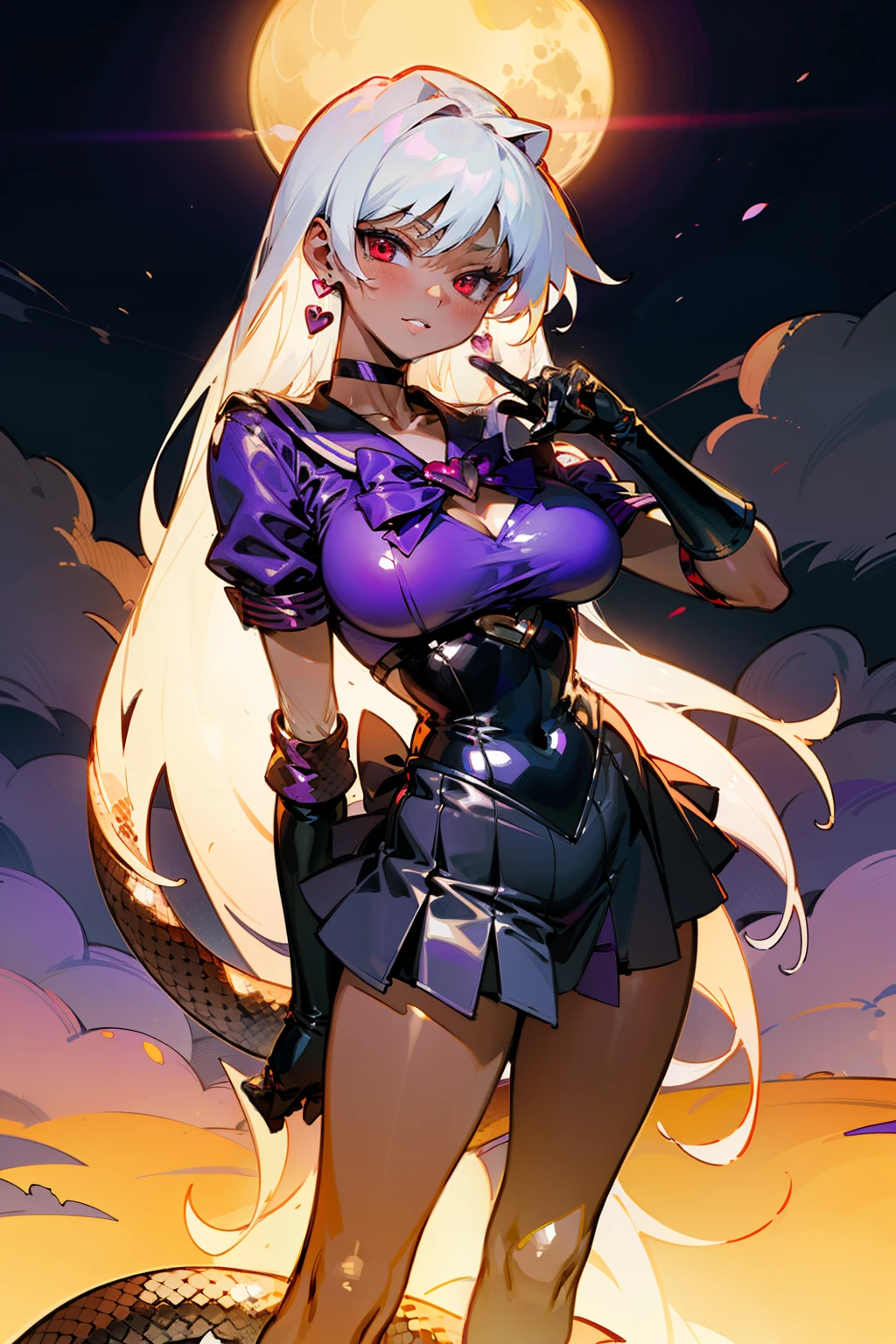 (Masterpiece), Best Quality, ultra-detailed, 1girl (SMMars, Slender and sexy body, lovely breasts, dark skin, snake skin, white hair,very long hair, red eyes(snake eyes), half-closed eyes), evil face, smirk, parted lips, solo, facing viewer, looking at viewer, black latex leotard, cleavage, purple bowtie, heart, purple heart jam, purple pleats skirt,heart, heart brooch,jewelry,purple bow, purple choker, purple gemstone, purple sailor collar, shirt, short sleeves, ultra mini skirt, elbow gloves, full moon, outdoor, fog, standing, Sexy waist teasing, a provocative pose