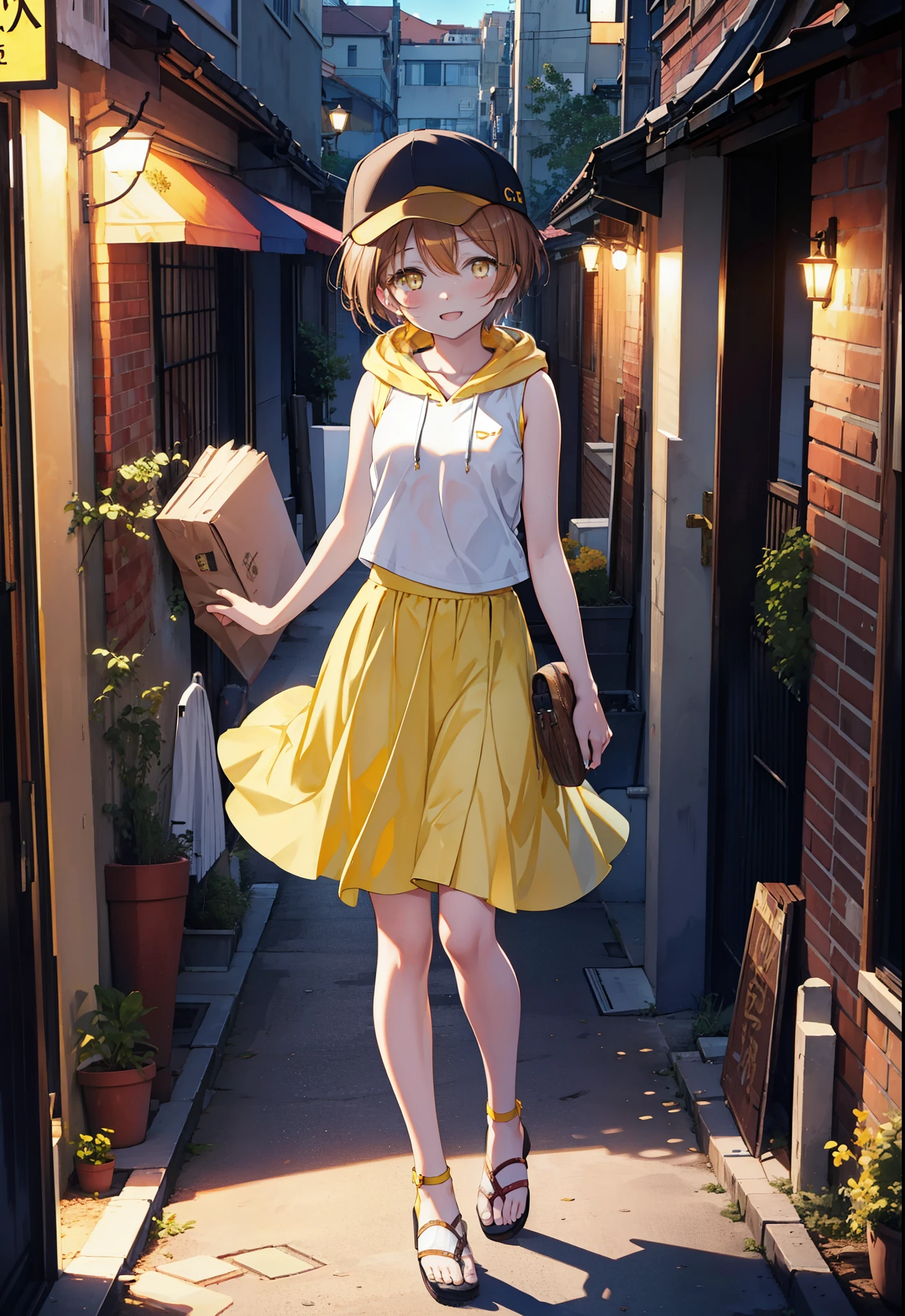 Rin Hoshizora (Yellow Eyes:1.5), Hair between the eyes, Brown Hair,Short Hair,blush,happy smile, smile, Open your mouth,Baseball hats,Oversized sleeveless hoodie,Long skirt,Cute Sandals,Daytime,Clear skies,Walking,whole bodyがイラストに入るように, break looking at viewer, whole body break outdoors, Building district, break (masterpiece:1.2), Highest quality, High resolution, unity 8k wallpaper, (figure:0.8), (Beautiful attention to detail:1.6), Highly detailed face, Perfect lighting, Highly detailed CG, (Perfect hands, Perfect Anatomy),