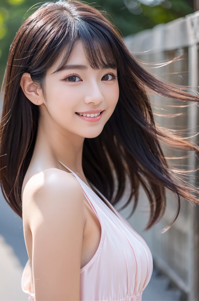 Image resolution 8K、masterpiece:1.3)、Beauty、1 female、(魅力的なBody Type:1.2)、abdomen:1.1、Dark brown hairstyle:1.1、(Body Type:1.2)、Ultra-detailed face、Attractive lips、double eyelid,Wearing a white silk one-piece dress、Super realistic and super cute in every detail、Japanese、Japanese女性、20th generation(28 years old)、Smile with a beautiful smile、Hair blowing in the wind、color々Hair style、Light shining from behind、Black background、
