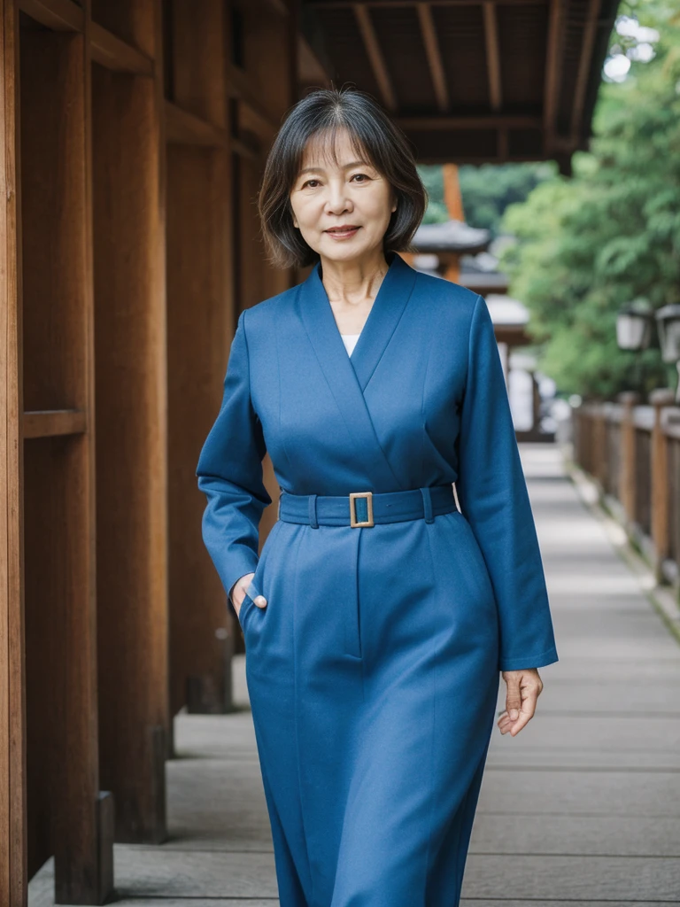 her name is Asako, high quality, 1girl, ((55-year-old asian woman)), ((55 years old)), ((slim)), ((Wavy Bob)), (((old body))) pose: standing, wearing stylish fashionable generation x wear different colored, BACKGROUND: In the serene gardens of Kyoto's Kinkaku-ji Temple