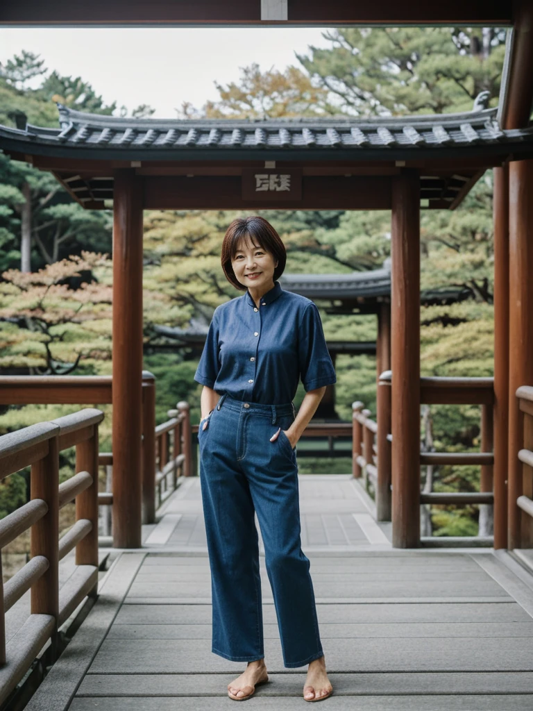 her name is Asako, high quality, 1girl, ((55-year-old asian woman)), ((55 years old)), ((slim)), ((Wavy Bob)), (((old body))) pose: standing, wearing stylish fashionable generation x wear different colored, BACKGROUND: In the serene gardens of Kyoto's Kinkaku-ji Temple