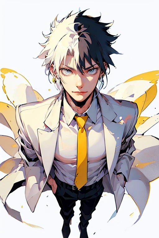 1 male (tall man, slim, manly, dominate,  half black colored-hair, half white colored- hair, yellow eyes, tough, wearing a sci-fi space outfit, has 1 earring.) best quality, ultra-detailed, illustration, complex, detailed, extremely detailed, detailed face, soft light, soft focus, perfect face, illustration: Full Body