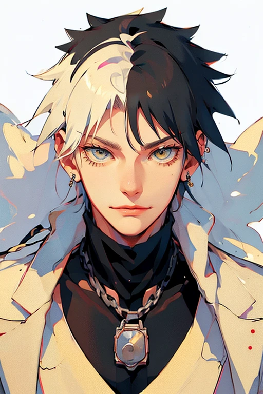 1 male (tall man, slim, manly, dominate,  half black colored-hair, half white colored- hair, yellow eyes, tough, wearing a sci-fi space outfit, has 1 earring.) best quality, ultra-detailed, illustration, complex, detailed, extremely detailed, detailed face, soft light, soft focus, perfect face, illustration: Full Body