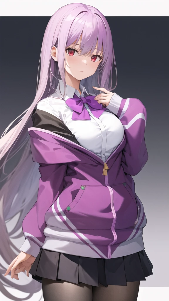 masterpiece, best quality, highres, aaakane, long hair, red eyes, purple bowtie, collared shirt, white shirt, off shoulder, purple jacket, partially unzipped, long sleeves, sleeves past wrists, pleated skirt, black skirt, pantyhose, cowboy shot, standing, sky,