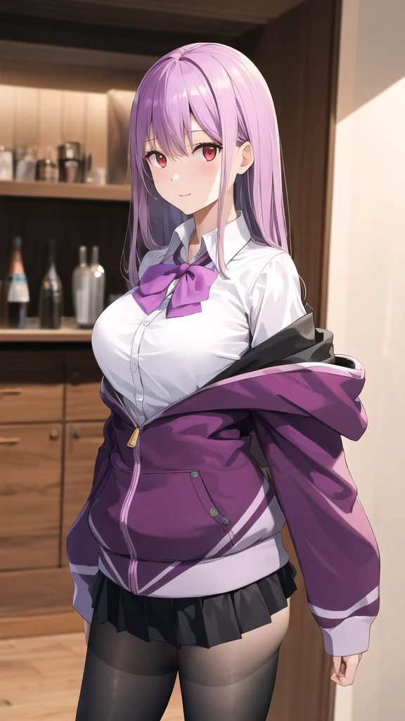 masterpiece, best quality, highres, aaakane, long hair, red eyes, purple bowtie, collared shirt, white shirt, off shoulder, purple jacket, partially unzipped, long sleeves, sleeves past wrists, pleated skirt, black skirt, pantyhose, cowboy shot, standing, sky,