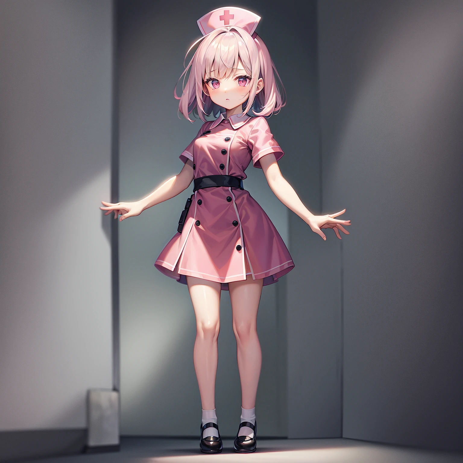 ((nurse)),((Pale pink clothes)),mini skirt,Cute little ,Tiny , girl,,Childish face, Very fine clean face,Top quality,Black Hair,(Dark Room), Subtle light, Natural light,Soft lighting,Light from directly behind, (Are standing),With bust up,Front view,Black background