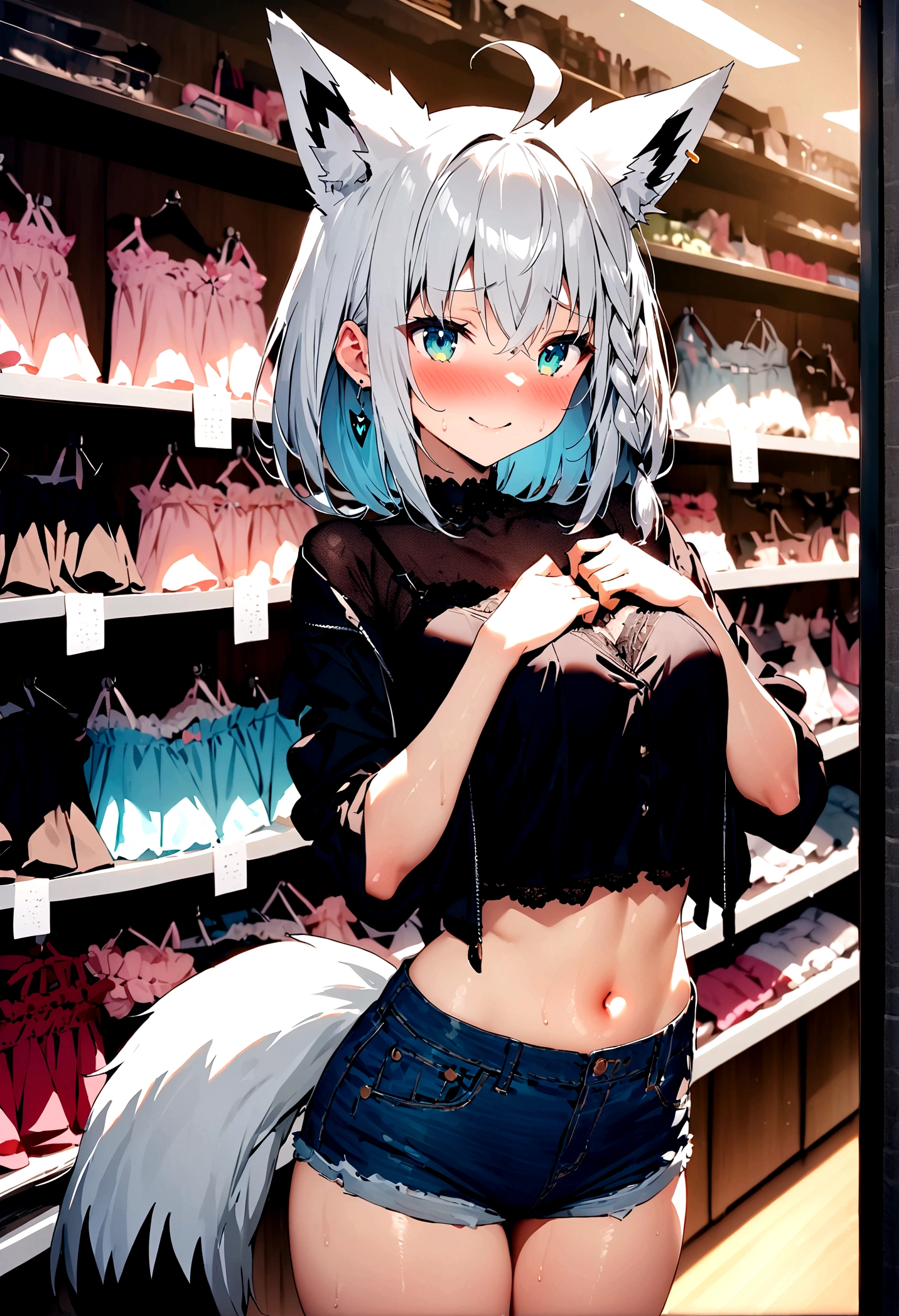 NSFW,masterpiece,Highest quality,High resolution,Super detailed,Shirakami Fubuki\(Hololive\),Gray Hair、One-sided braid、Ahoge、Earrings,Fox ears,Fox tail,Jacket,Crop top,Shorts,Body Harness,Embarrassed,blush,Expecting face,Seduce,smile,Lingerie Shop,High quality lingerie store,Date,From the side