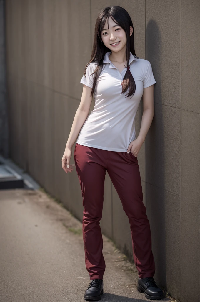 ayano aishi, with a bizarre smile on her face and hands on her hips, full body, horror anime