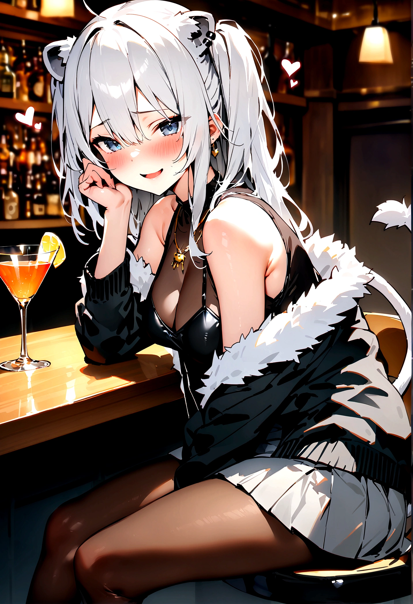 NSFW,masterpiece,Highest quality,High resolution,Super detailed,Shishirabotan\(Hololive\),Long Hair、Two Side Up、Earrings、Lion's Tail,necklace、Black Shirt、Sleeveless shirt、abdomen、See-through、Grey Skirt、片足pantyhose、pantyhose、fur-trimmed jacket、Black jacket、Off the shoulder,(Bewitching Smile),blush,Luxurious Room,pub,counter,chair,Cocktail Glass,(Drunk),(Intoxication),Sitting in a chair,From the side,heart