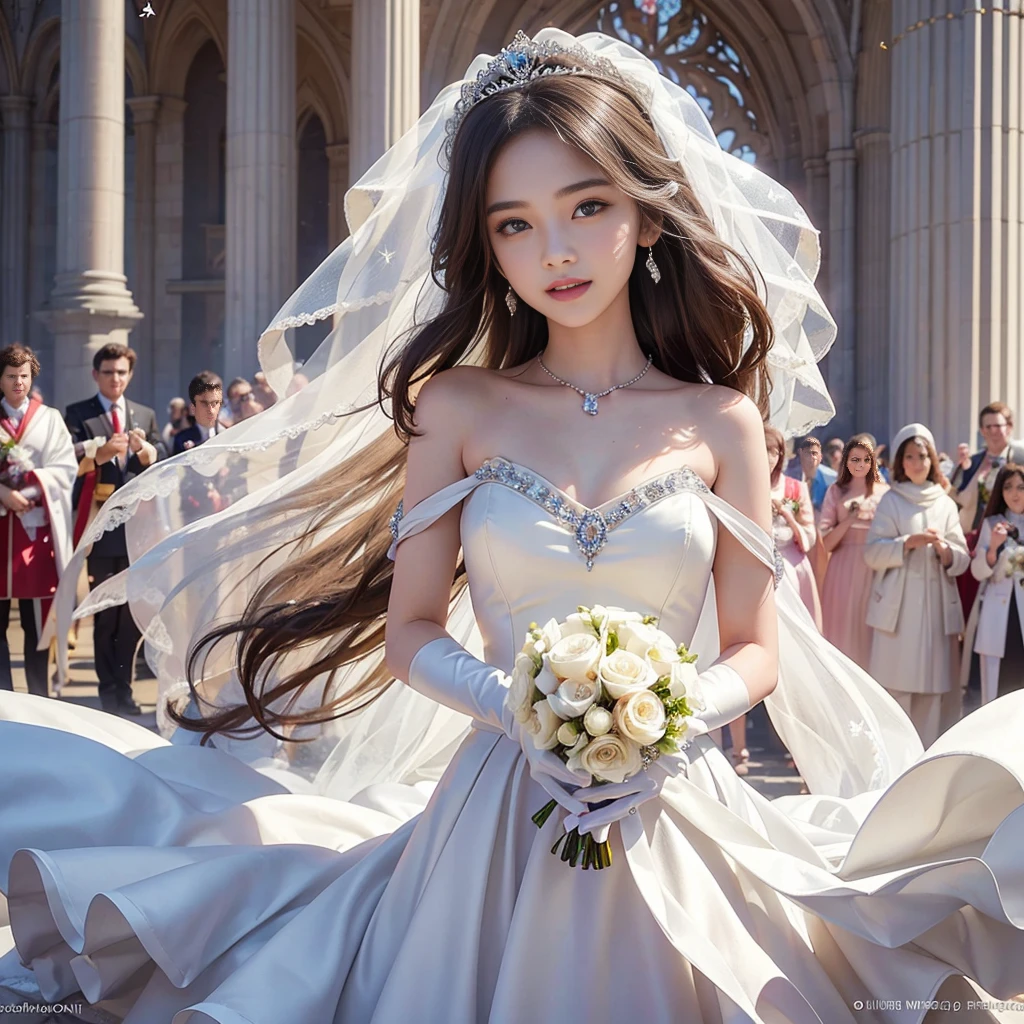 best quality, masterpiece, 1 girl, long hair, huge laugh, cute teen, shiny lips, sweet, sun glare, Conservative attire, white gloves, bouquet, Beaded bell-line wedding dress, bridal tiara, depth of field, blurred background, Cathedral Background, light particles, strong wind, head tilt