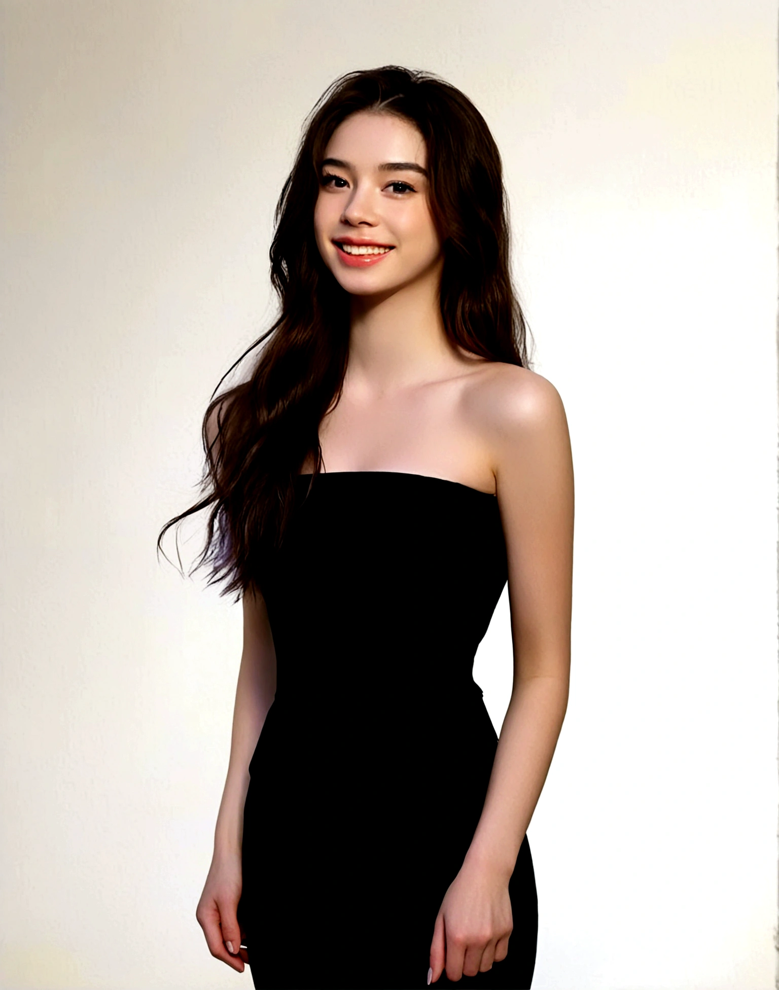 1girl, solo, long hair, smile, simple background, brown hair, black hair, dress, bare shoulders, upper body, teeth, grin, black dress, lips, strapless, strapless dress, realistic