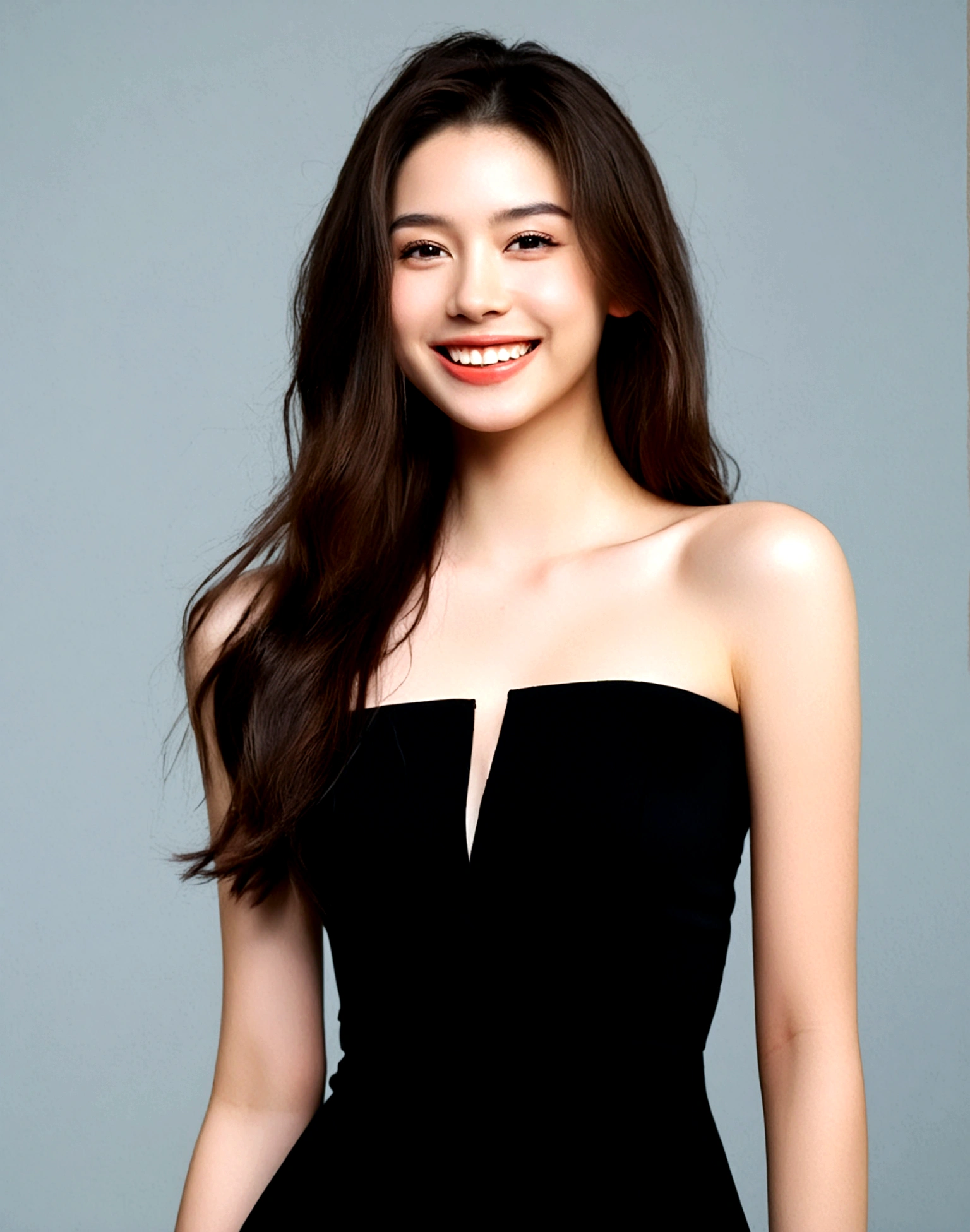 1girl, solo, long hair, smile, simple background, brown hair, black hair, dress, bare shoulders, upper body, teeth, grin, black dress, lips, strapless, strapless dress, realistic