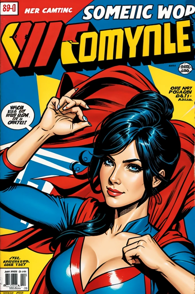 In a vintage comics style reminiscent of the mid-20th century, the illustration portrays Carmenita Cruz, a spirited Latina heroine, with a classic hourglass figure. Her body exudes confidence and strength. In the background, vibrant colors and dynamic lines give a sense of action and adventure, suggesting Carmenita's readiness for any thrilling escapade or daring mission.