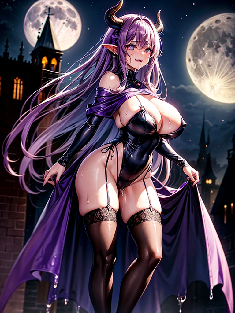 Highest quality,Highest Resolution,Crying Succubus,purple,tooth,Western-style building,night,full moon,Tears,(((Dripping saliva))),whole body,front,Very beautiful eyes,night空,Super big breasts,Ultra high leg,sweat profusely,Super long red nails,Knee-high stockings,Standing posture,