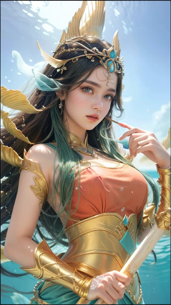 a close up of a woman in a costume holding a spear, queen of the sea, 1girl, detailed eyes, detailed lips, long eyelashes, beautiful face, ethereal, elegant, majestic, regal, dramatic lighting, underwater scene, shimmering sea, coral reef, schools of fish, kelp forest, photorealistic, highly detailed, cinematic, epic, fantasy, masterpiece
