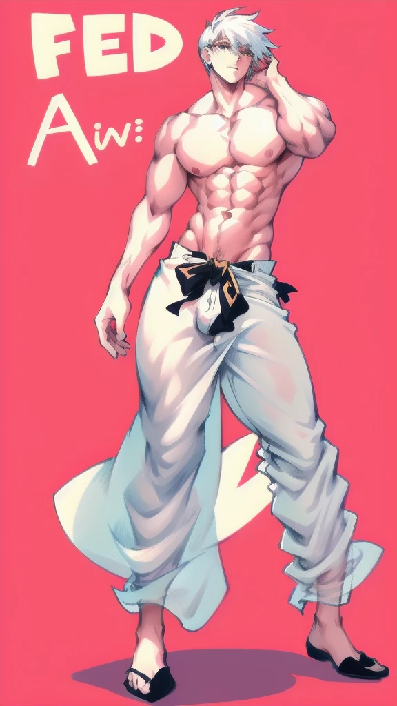 full body in image, masculine pose, unique hair, full man, white harem pants, male body, slender body, short hair, full body, hot body, sexy male body, dinamic pose, six patch. detalied pose, body, simple background, expressive face, focus on face, line art, sketch