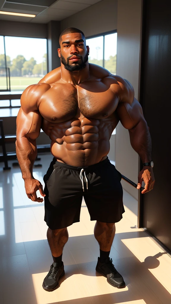 Full body, an exaggeratedly muscular and large bodyguard, beefy build, beard, dark-skinned african american male, buzzcut hair with square line, shirtless, (bara pecs: 1.3), (arm and chest hair: 1.1), (sports facility)