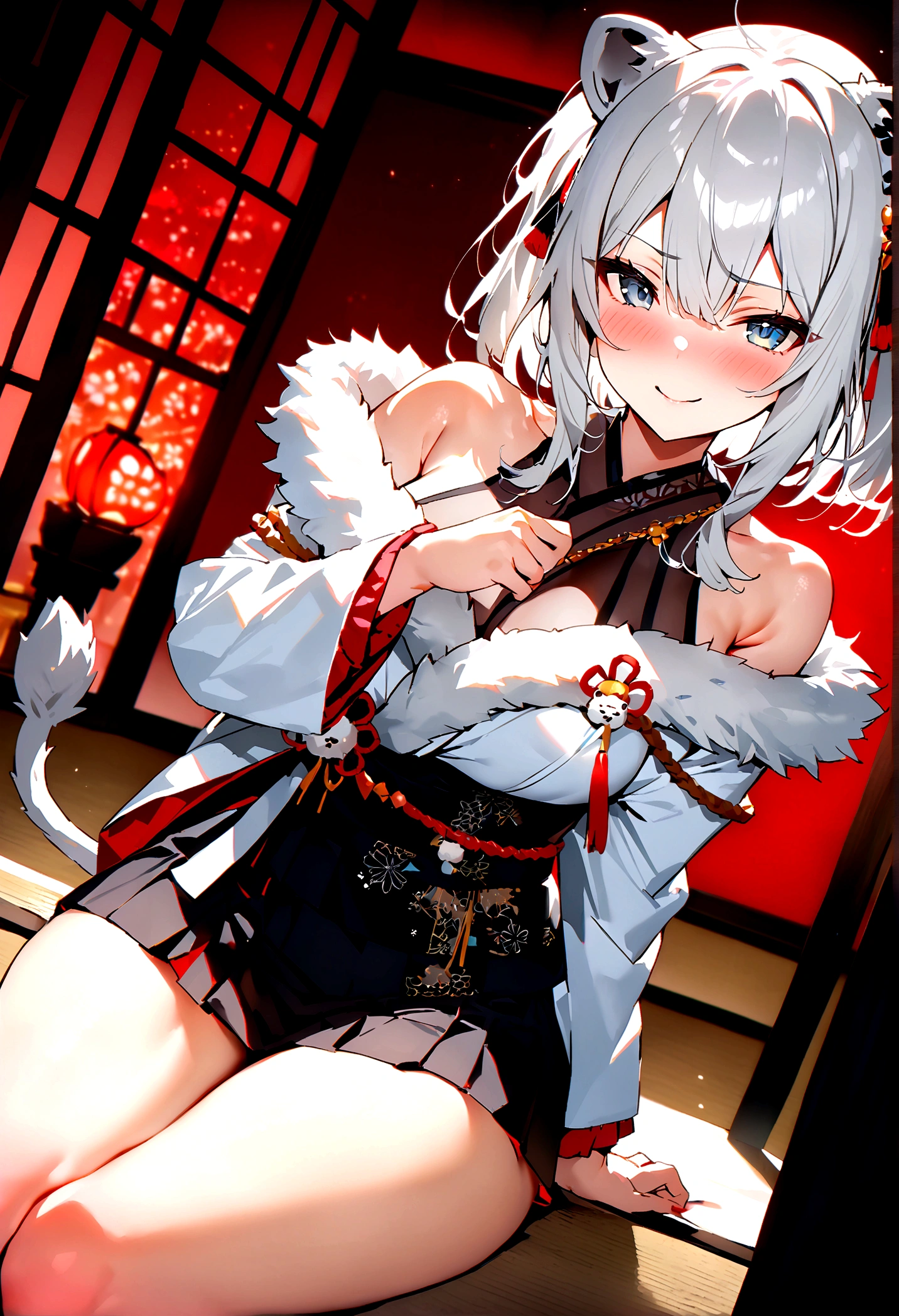 NSFW,masterpiece,Highest quality,High resolution,Super detailed,Shishirabotan\(Hololive\),Double Odango、flower、Side Lock、Lion's tail、White kimono、Off the shoulder、fur ornament、Black Hakama、Short skirt,Bad smile,blush,(Red light district),Japanese-style room,Sexy pose,(Seduce),Sitting