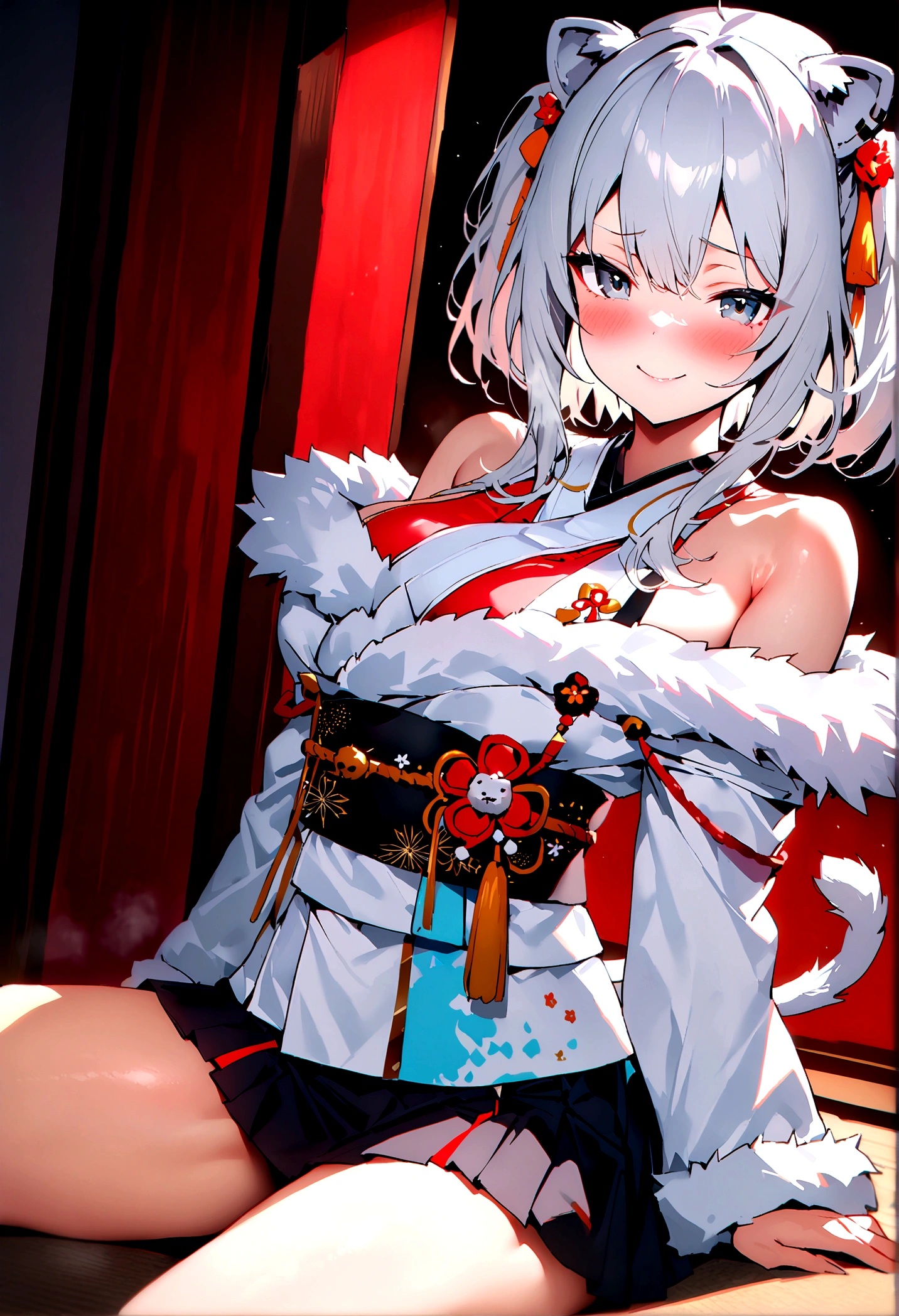 NSFW,masterpiece,Highest quality,High resolution,Super detailed,Shishirabotan\(Hololive\),Double Odango、flower、Side Lock、Lion's tail、White kimono、Off the shoulder、fur ornament、Black Hakama、Short skirt,Bad smile,blush,(Red light district),Japanese-style room,Sexy pose,(Seduce),Sitting