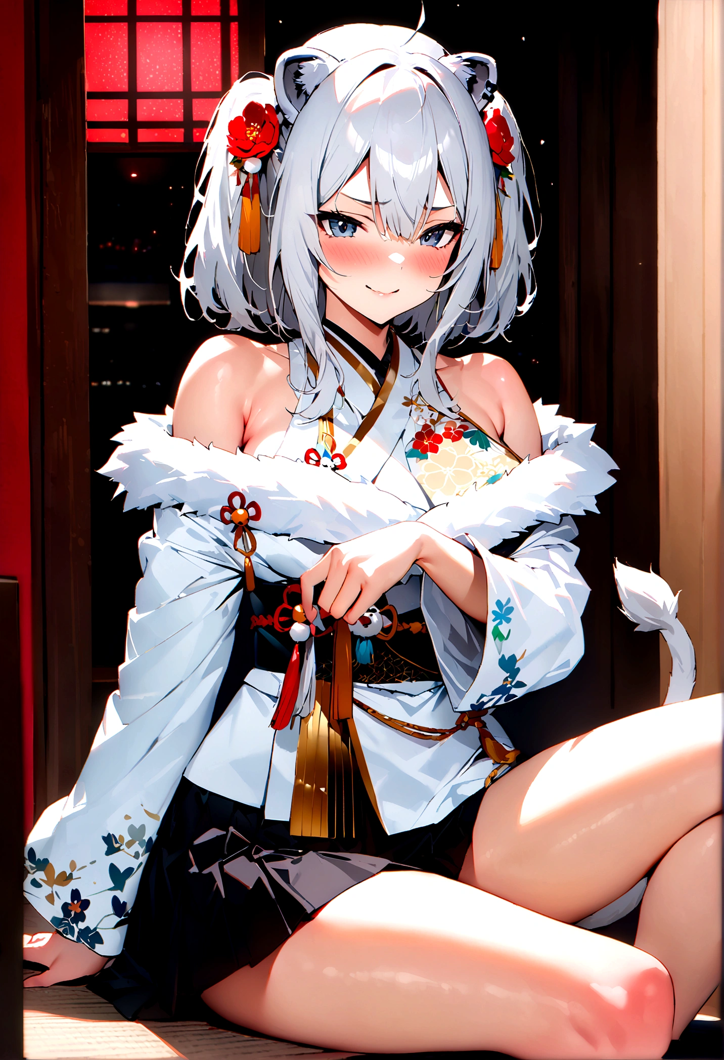 NSFW,masterpiece,Highest quality,High resolution,Super detailed,Shishirabotan\(Hololive\),Double Odango、flower、Side Lock、Lion's tail、White kimono、Off the shoulder、fur ornament、Black Hakama、Short skirt,Bad smile,blush,(Red light district),Japanese-style room,Sexy pose,(Seduce),Sitting