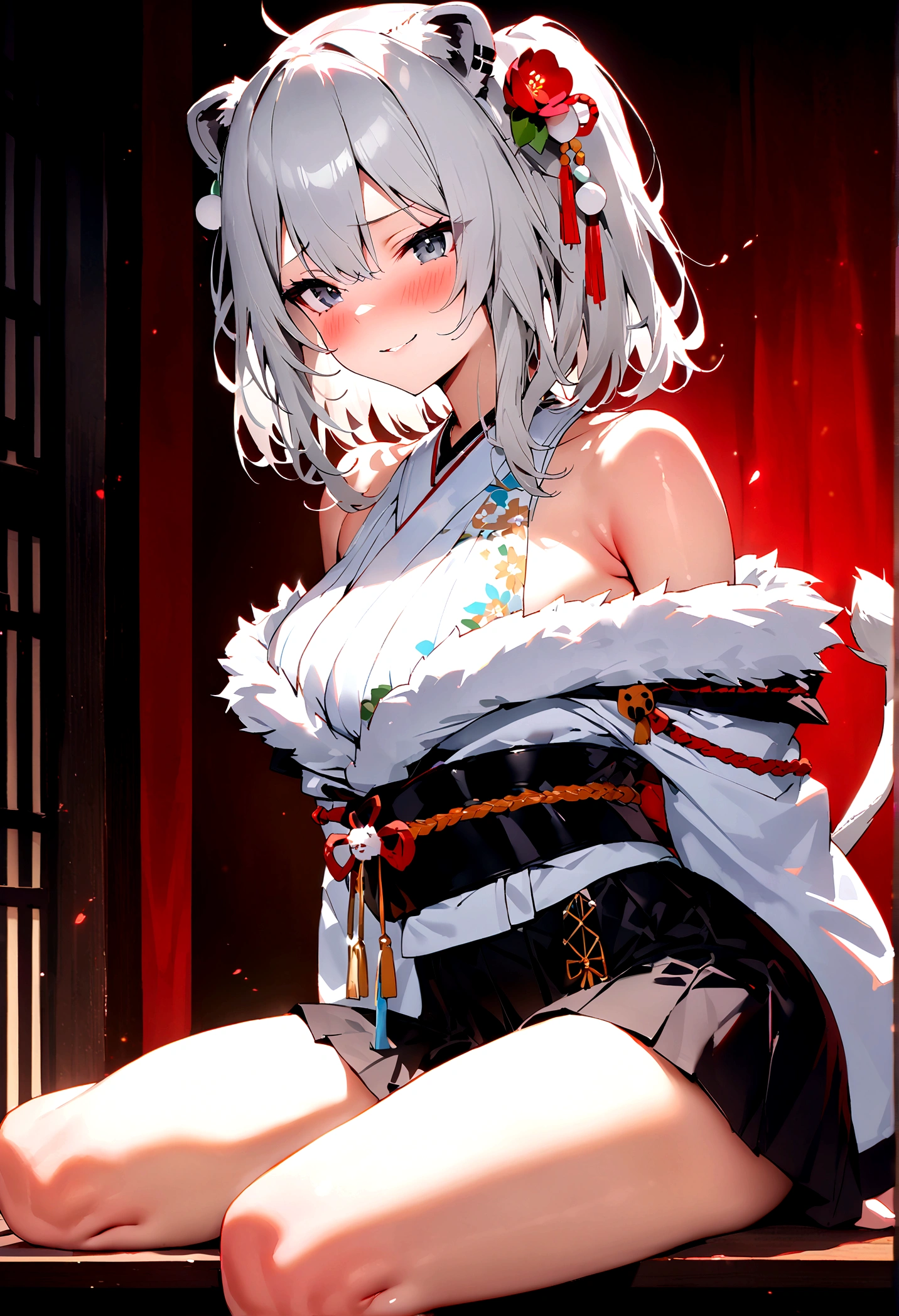 NSFW,masterpiece,Highest quality,High resolution,Super detailed,Shishirabotan\(Hololive\),Double Odango、flower、Side Lock、Lion's tail、White kimono、Off the shoulder、fur ornament、Black Hakama、Short skirt,Bad smile,blush,(Red light district),Japanese-style room,Sexy pose,(Seduce),Sitting