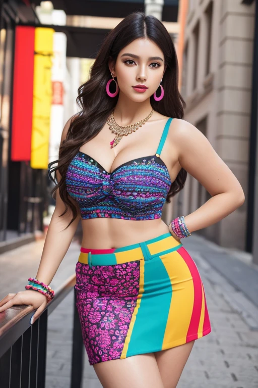 obesity, best quality, masterpiece, Fashion with a piece of fabric that exposes almost the entire upper body, H-shaped skirt that reveals more than 10cm above the knees, High heels that are very flashy and have a heel of more than 7 cm., large, colorful necklace, large and colorful earrings, large and colorful bracelets, Stockings with colorful and unconventional colors and patterns, Underwear with flashy and unconventional colors, patterns and shapes