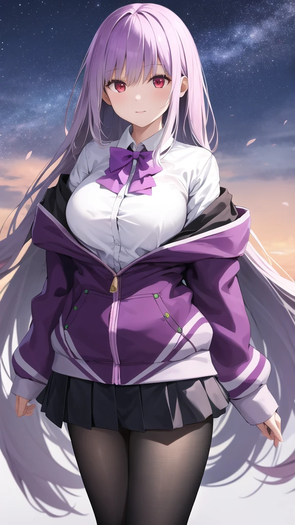 masterpiece, best quality, highres, aaakane, long hair, red eyes, purple bowtie, collared shirt, white shirt, off shoulder, purple jacket, partially unzipped, long sleeves, sleeves past wrists, pleated skirt, black skirt, pantyhose, cowboy shot, standing, sky,