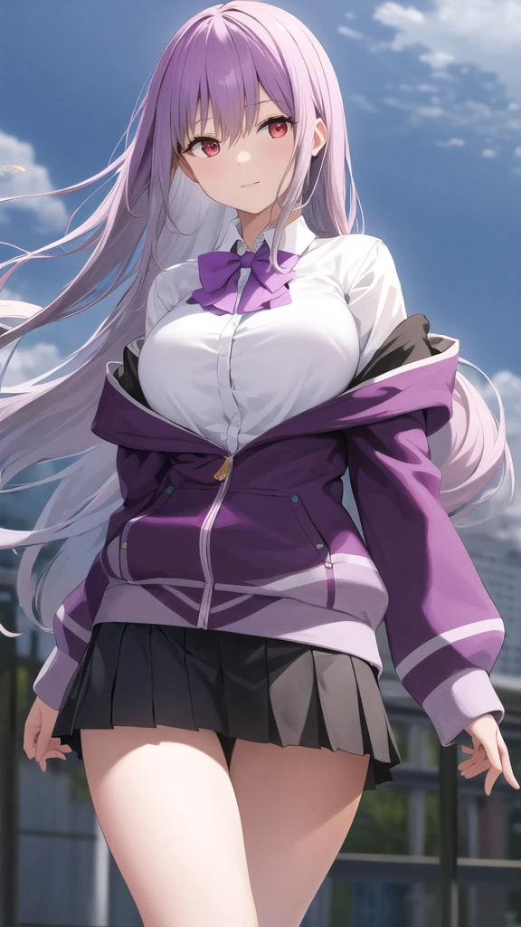 masterpiece, best quality, highres, aaakane, long hair, red eyes, purple bowtie, collared shirt, white shirt, off shoulder, purple jacket, partially unzipped, long sleeves, sleeves past wrists, pleated skirt, black skirt, pantyhose, cowboy shot, standing, sky,