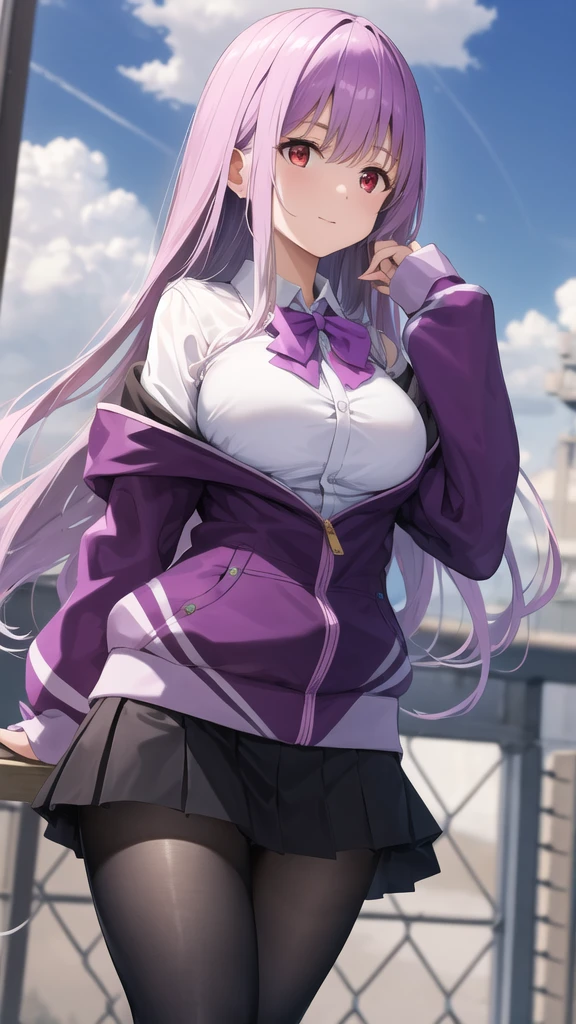 masterpiece, best quality, highres, aaakane, long hair, red eyes, purple bowtie, collared shirt, white shirt, off shoulder, purple jacket, partially unzipped, long sleeves, sleeves past wrists, pleated skirt, black skirt, pantyhose, cowboy shot, standing, sky,