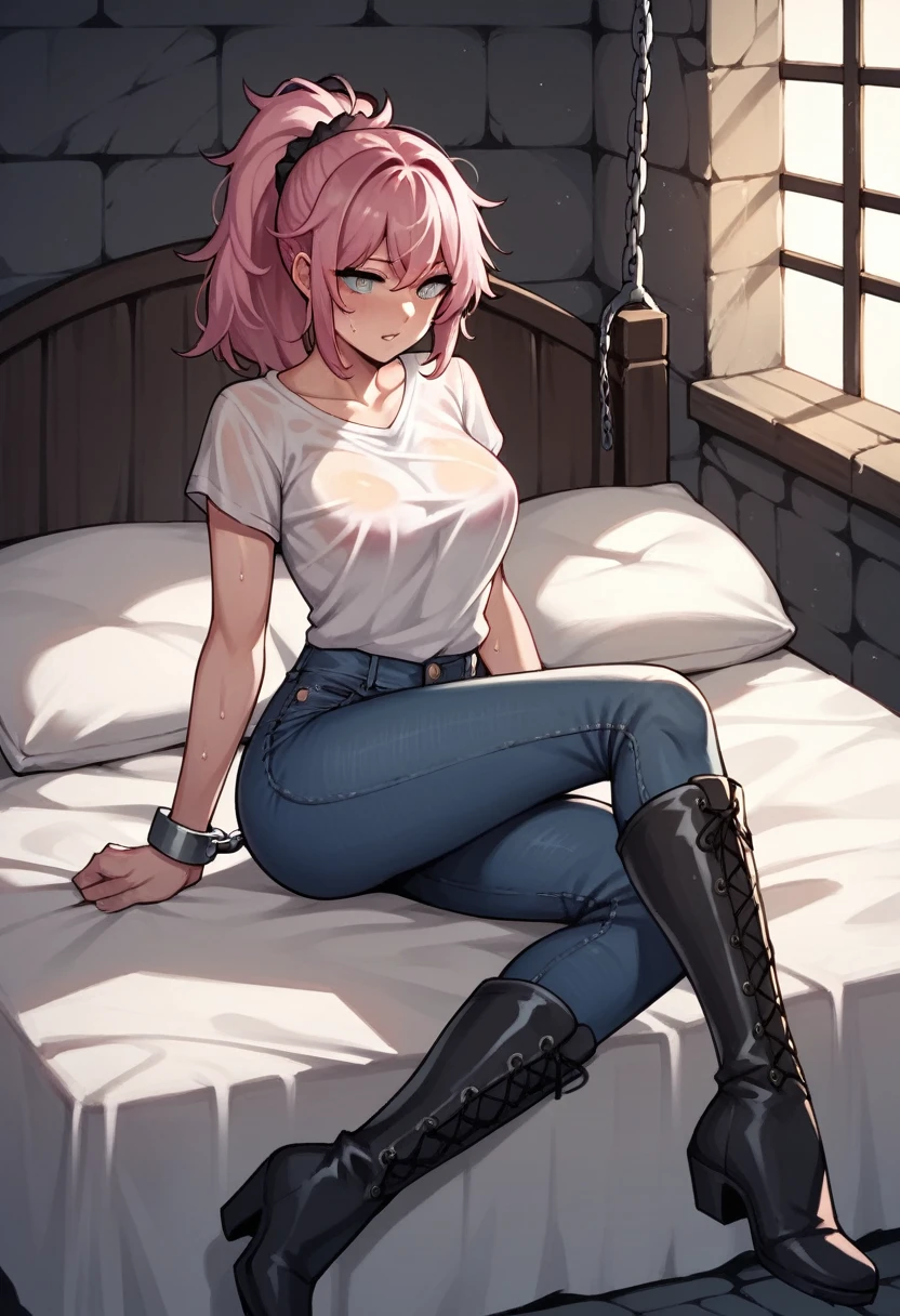 score_9, score_8_up, score_7_up, score_6_up, score_5_up, score_4_up, source_anime, 1girl,bed, pink hair, ponytail, white eyes, w-w-chain, shackles, messy hair, sweaty shirt, jeans, black boots, thigh high boots, sexy pose, night, dungeon, best quality, best res, 4K UHD,
 