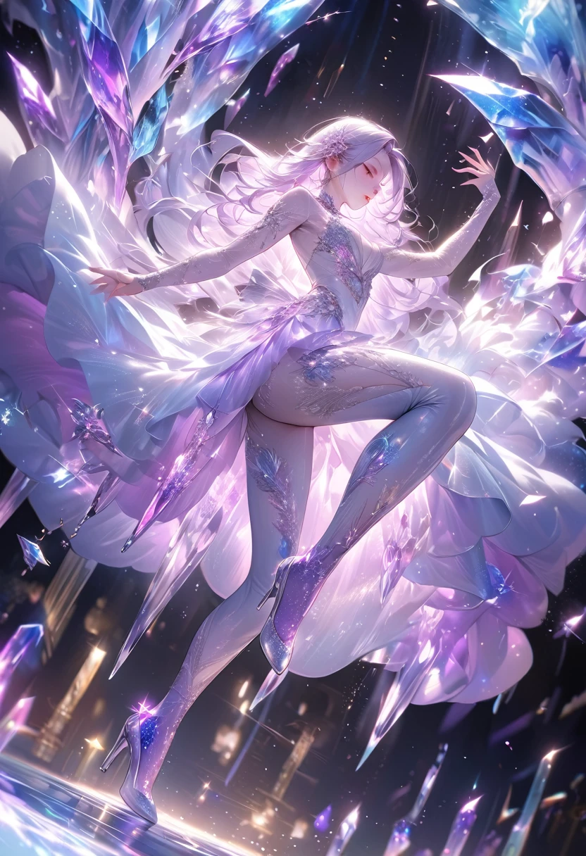 crystal covered, （Full body ：1.3）, alternate color, masterpiece, detailed illustration, realistic, pixiv top quality, exquisite, {{{kawaii 1girl}}}, ultra beauties who fuse with machines, glitter beautiful female, Half of my body is made of machines,  cinematic lighting, dynamic angle, dynamic pose, crystal world, depth of field，Shiny socks，Crystal stockings，Crystal high heels
