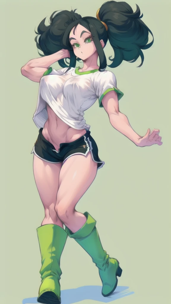 Full body image of Videl from Dragon Ball, full body in image, wearing her original outfit (white T-shirt, black shorts, and green boots), short black hair with pigtails, female body, athletic and slender body, dynamic pose, detailed pose, simple background, expressive face showing determination, focus on face, line art, sketch