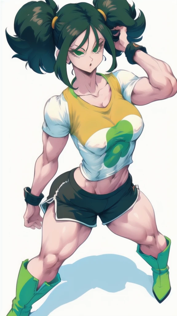 Full body image of Videl from Dragon Ball, full body in image, wearing her original outfit (white T-shirt, black shorts, and green boots), short black hair with pigtails, female body, athletic and slender body, dynamic pose, detailed pose, simple background, expressive face showing determination, focus on face, line art, sketch