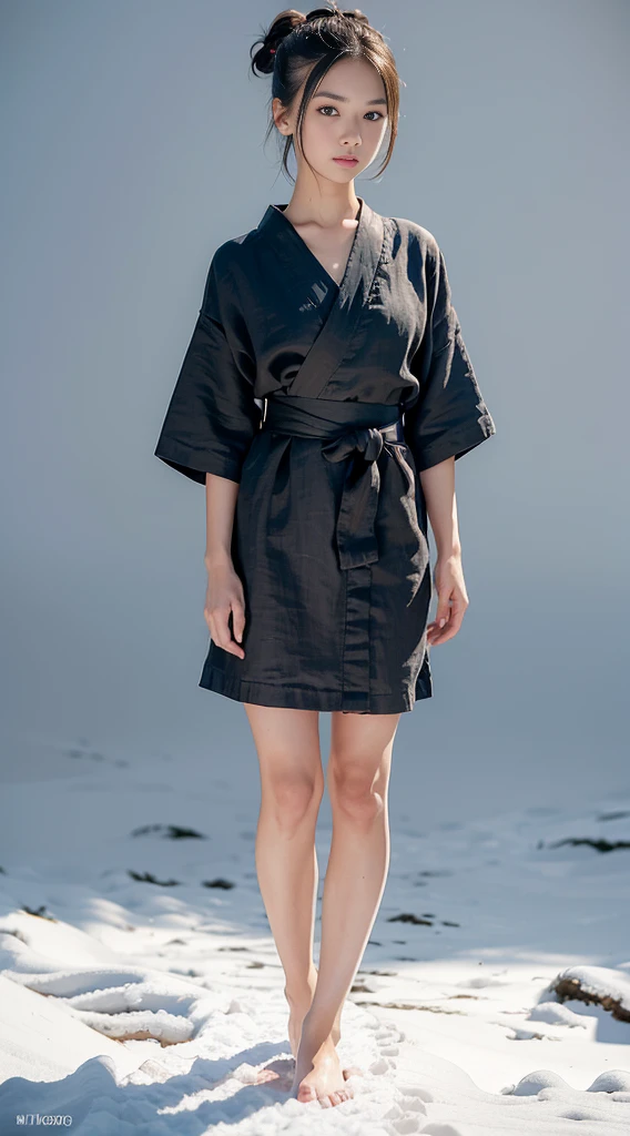 ((Highest quality, 8K, masterpiece :1.3)), Photorealistic,(Cinema Lighting),Facial detail texture. Eye details. double eyelid, Slender body. Very small breasts, Sexy clavicle,12-year-old girl, Photorealistic:1.37,Perfect Eyes, ((A girl wearing a black yukata))、(Ultra-thin fabric),((Tattered Linen)),With figure,Brunette color hair,Hair Bun,Chiban,Standing in the snow,barefoot,Like the whole body,Short sleeve,Short skirt,Exposing thighs,fold,((Plain background)),I'm shy,Make your face bright red