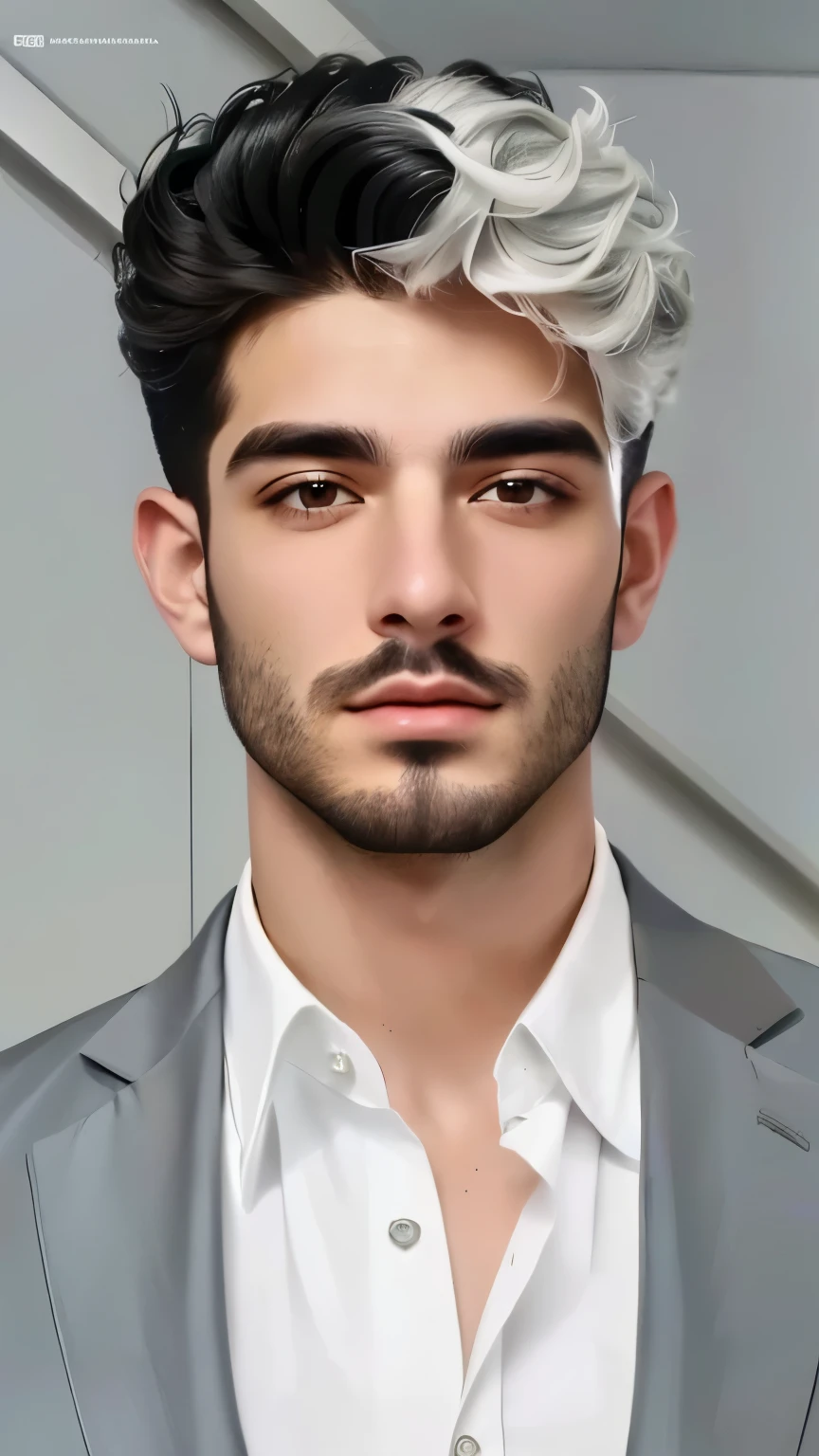 Close-up of a man with a beard and a suit, curly hair, black and white hair, inspired by Michalis Oikonomou, inspired by Maximiliano Cercha, handsome stunning realistic, inspired by Tommaso Dolabella, inspired by Nicolas Carone, inspired by Alexis Grimou, inspired by Luca Zontini, digital art. @mariomaniacdude, inspired by Nicolás Marsicano