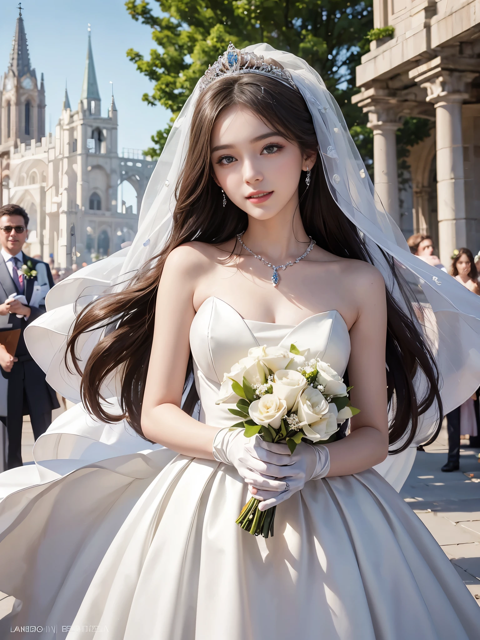 best quality, masterpiece, 1 girl, long hair, huge laugh, cute teen, shiny lips, sweet, sun glare, Conservative attire, white gloves, bouquet, Beaded bell-line wedding dress, bridal tiara, depth of field, blurred background, Cathedral Background, light particles, strong wind, head tilt