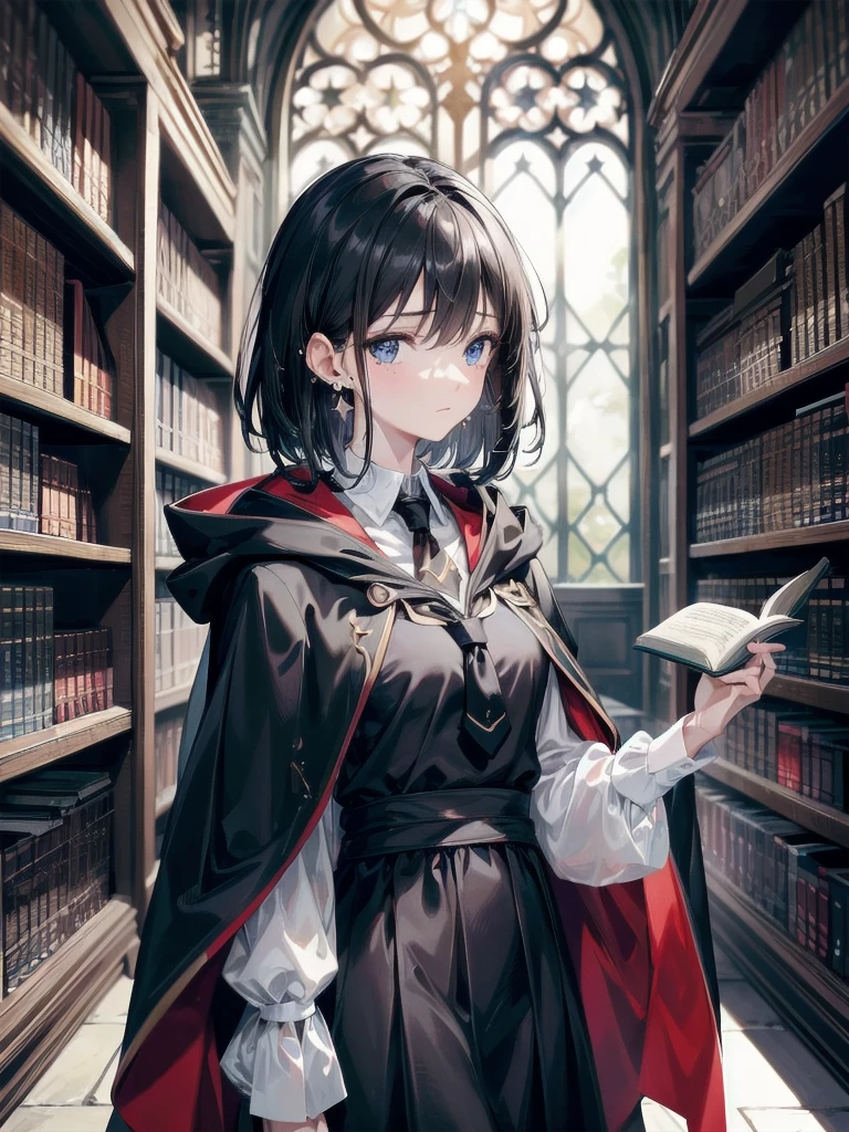 absurdres, RAW photo, extremely delicate and beautiful, masterpiece, Best Quality, ultra high resolution, 32k, hyperrealistic, ultra-detailed, delicate facial features, beautiful detailed woman, tearful mole, earring, medium breasts, full body shot, medium hair, black hair, hogwarts teacher, curious, necktie, cloak, background in library,