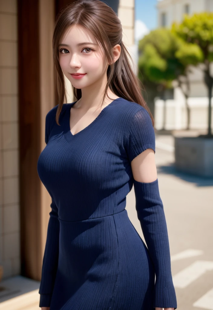 8K, of the highest quality, masutepiece:1.2), (Realistic, Photorealsitic:1.37), of the highest quality, masutepiece, Beautiful young woman, Pensive expression, kindly smile, Cute dress, Hair tied back, Messy mood, Cinematic background, Light skin tone