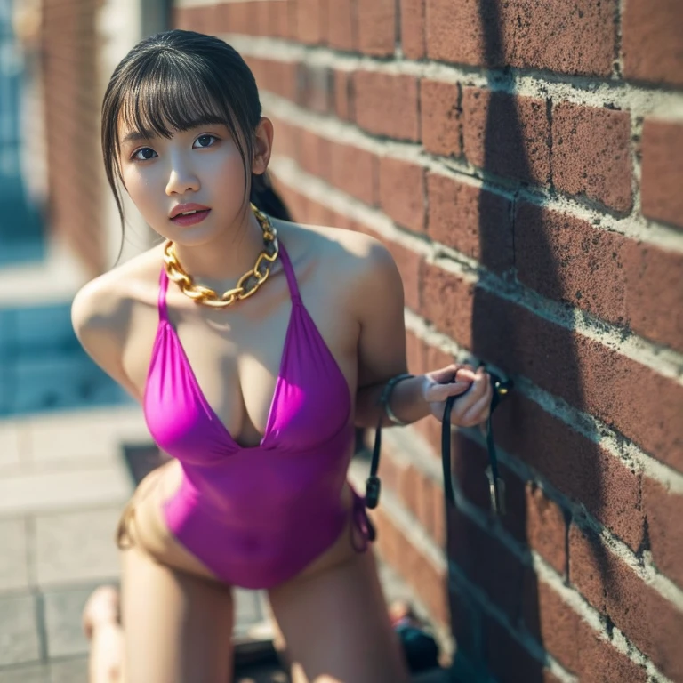 Highest quality、masterpiece、Asian Girl,Shift dress,Kneel,From prison, binding,His hands were tied behind his back:1.3,Golden Handcuffs,Gold chain,Golden Collar,Shacklehead,rock,Hands are tied in handcuffs,Lying next to you,Tears flow,white milk,Whipping,saliva,Leather Whip,injection,Pink Swimsuit、Focus on the face、Gaze Here、The look of temptation:1.5、from the front、