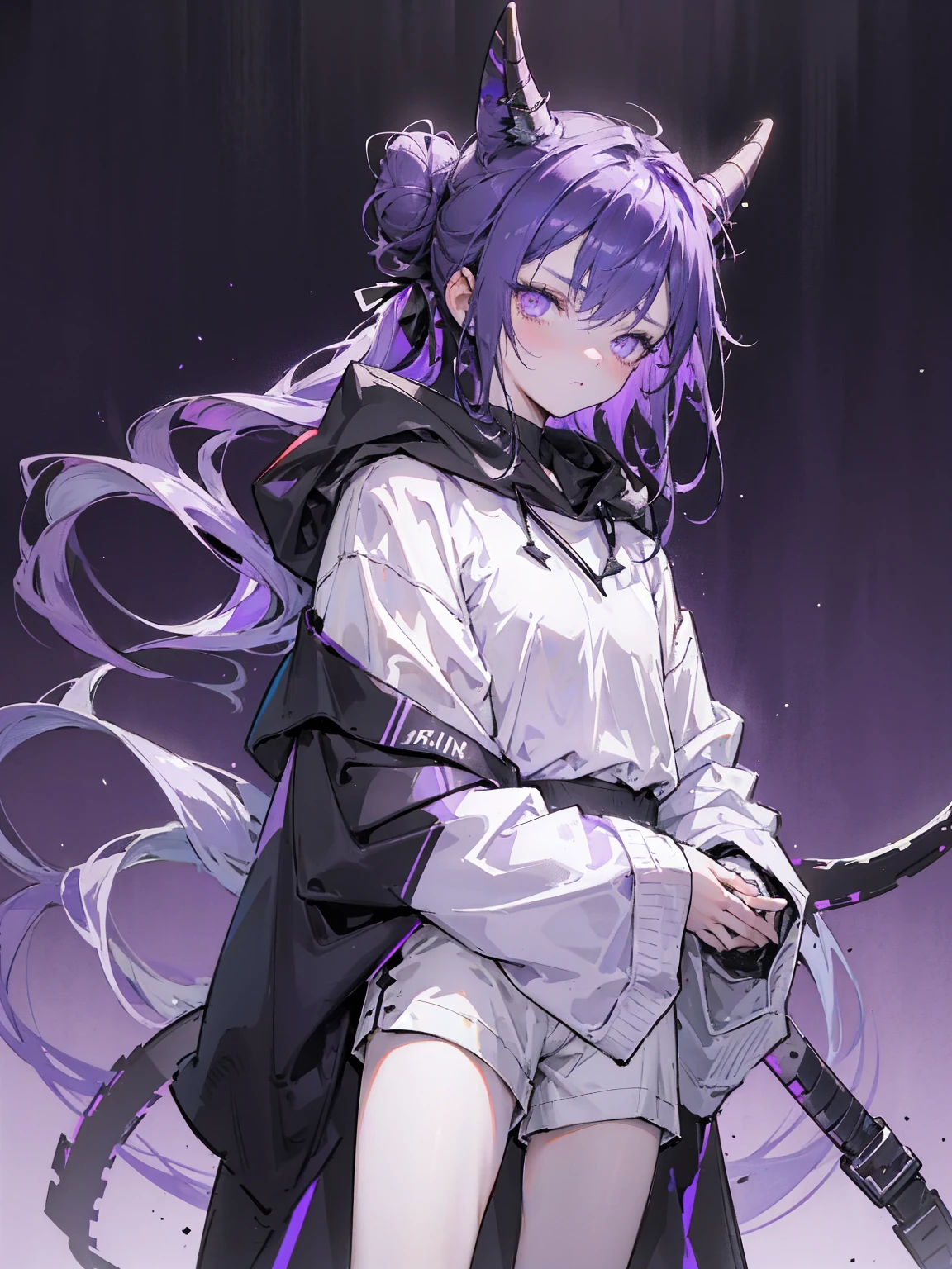 boy. thoughtful look. open forehead. black and purple hair tied in a bun on the left side to one side. winding black horns wrapped in white ribbon. white violet eyes. in short dark purple shorts. long white T-shirt. dark purple knee-high socks. dark purple long cloak inside white with hood. background - moonlight and stars Solar system, Flying pages